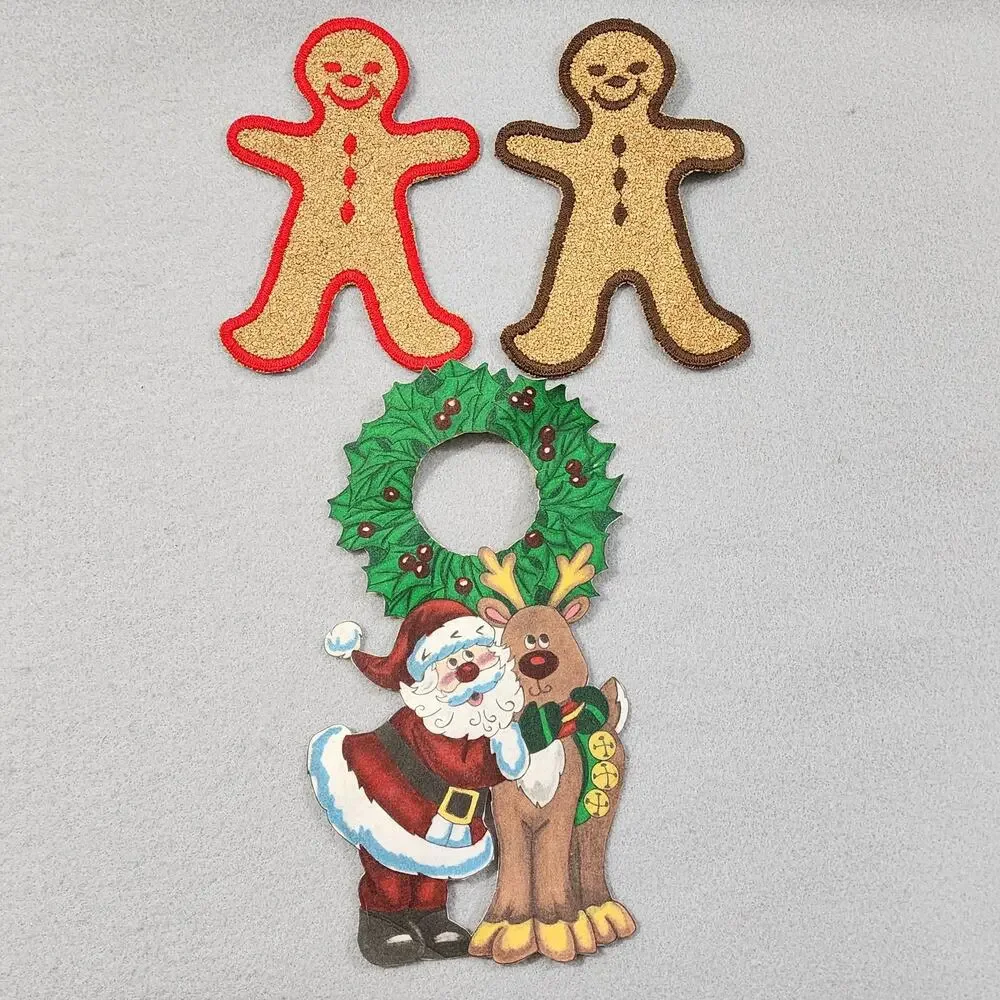Christmas Patch Appliques Gingerbread Men x2 Santa & Reindeer 3pcs Embellishment